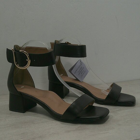 Aerosoles Eliza Black Leather Sandals with Gold Buckle block heel Size 10 W Wide - Picture 6 of 16